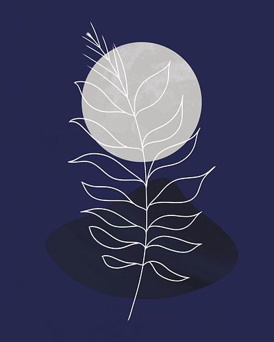 Abstract landschap in nachtblauw met een zilveren maan