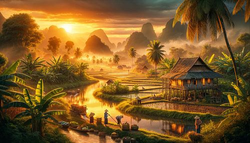 Zonsondergang over Zuidoost-Aziatisch dorp