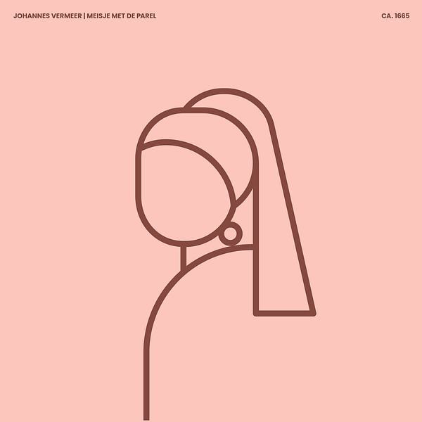 The Girl with the Pearl Earring abstract line illustration on soft pink background with brown lines by Michel Rijk