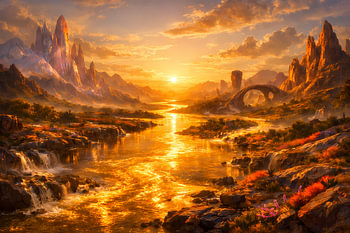 Paysage fantastique doré – Coucher de soleil épique sur les montagnes et la rivière