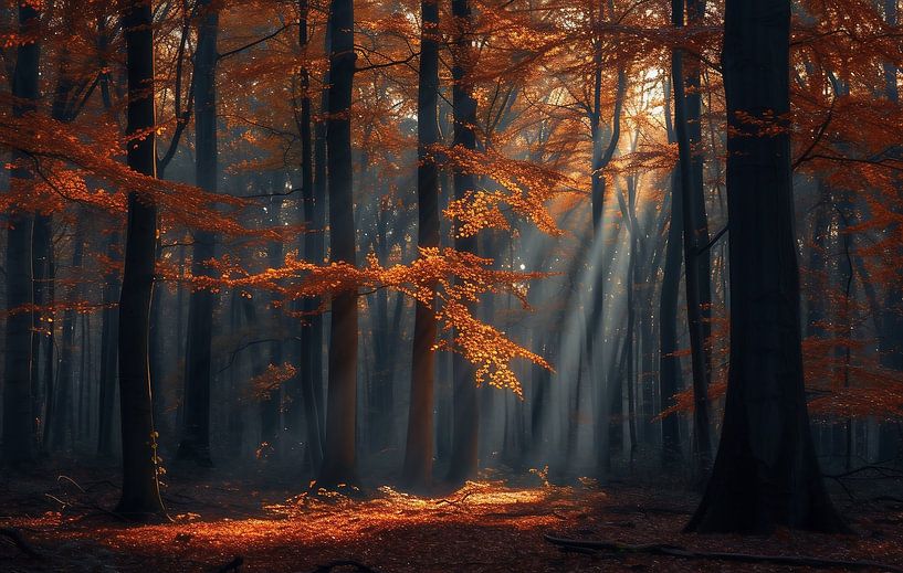 Durchdringende Sonnenstrahlen im Herbstwald von fernlichtsicht