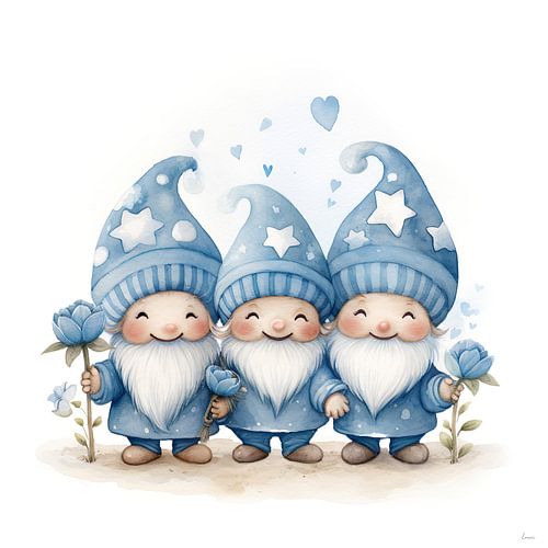 Three cheerful gnomes in blue