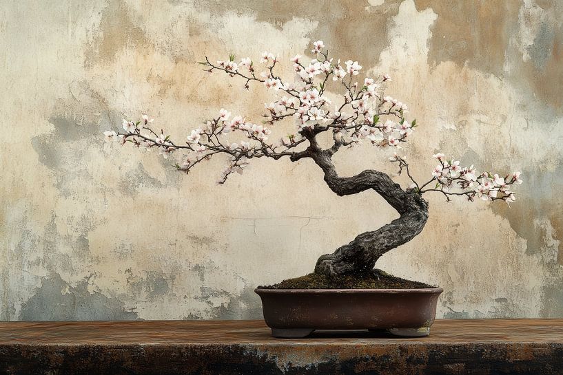 Bonsai tree almond flower on rusty table with beige background by Digitale Schilderijen