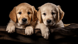 Ein Paar Golden Retriever-Welpen posiert in einem Studio mit schwarzem Hintergrund