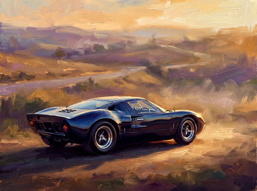 Middernachtblauwe Ford GT40 tijdens het gouden uur