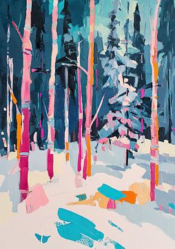 Bos Abstract Schilderen Bomen Roze Blauw van Niklas Maximilian