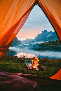 Tent view of a misty mountain panorama by Poster Art Shop