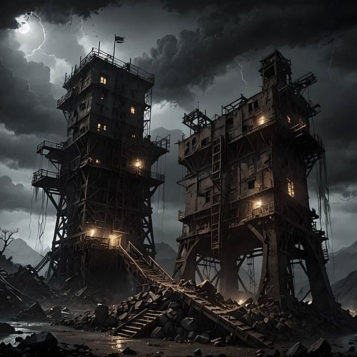 decaying industrial buildings, steampunk