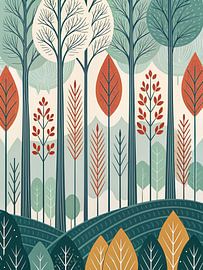 Eine Mitte des Jahrhunderts moderne skandinavische Volkskunst Wald Illustration mit stilisierten Bäumen und lebendigen Herbstblättern von Artistic