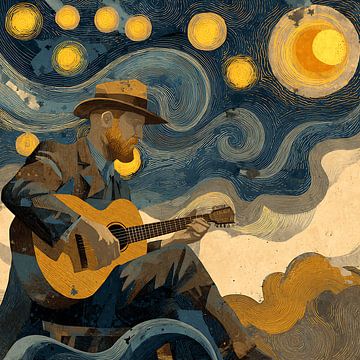 Sterrennacht Gitaar Droomlandschap Wanddecoratie van Aden Pink Studio