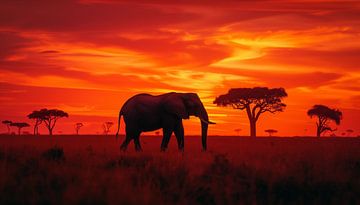 Eenzame olifant in afrika panorama zonsondergang rood-oranje van TheXclusive Art