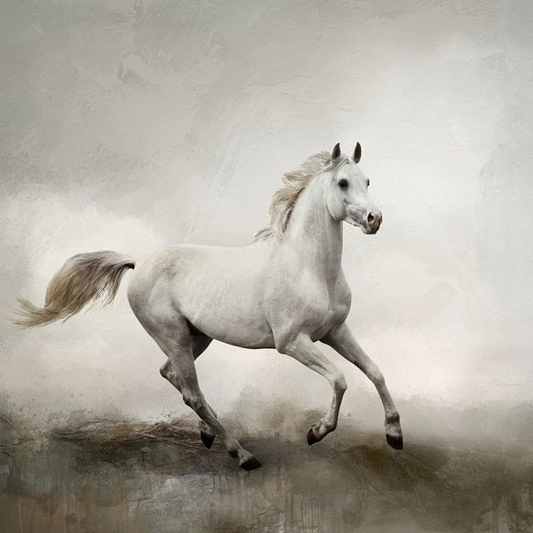 Weißes Pferd in abstrakter Aquarell-Landschaft von Diana van Tankeren