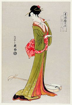Traditionele Japanse illustratie in Ukyio-e-stijl van een Japanse vrouw in een kimono door Eishi Hos van Studio POPPY