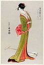 Traditionele Japanse illustratie in Ukyio-e-stijl van een Japanse vrouw in een kimono door Eishi Hos van Studio POPPY thumbnail