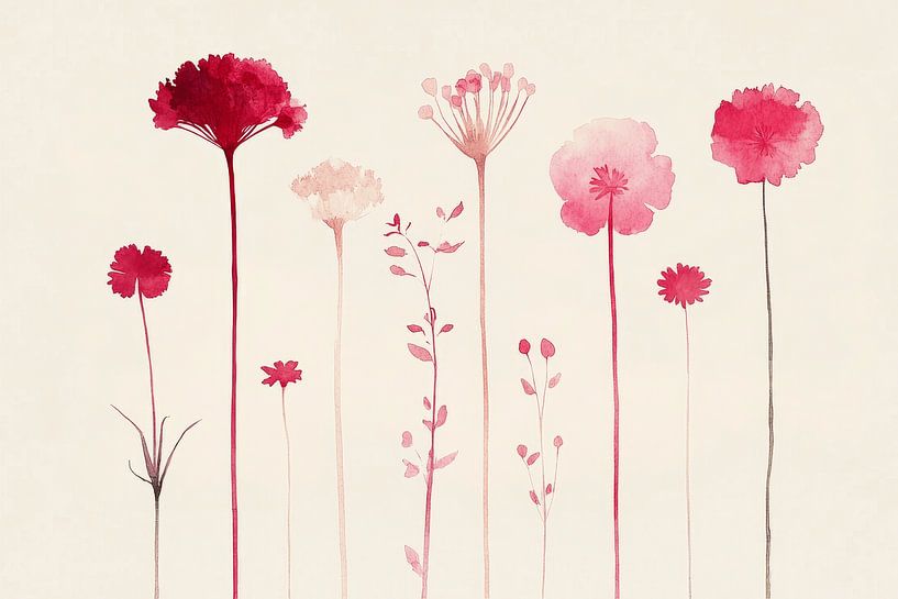 Rote Blumen, Aquarell von Japandi Art Studio