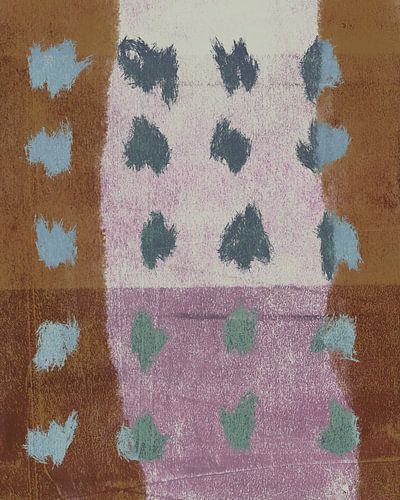 Abstracte kunst met vormen in blauw en grijs op paars, lila, roestbruin en terra.