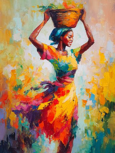 Femme africaine joyeuse avec un panier - peinture expressive colorée