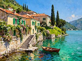 Romantisches Dorf – Treppen zum türkisfarbenen Wasser von Johannas Art Creations