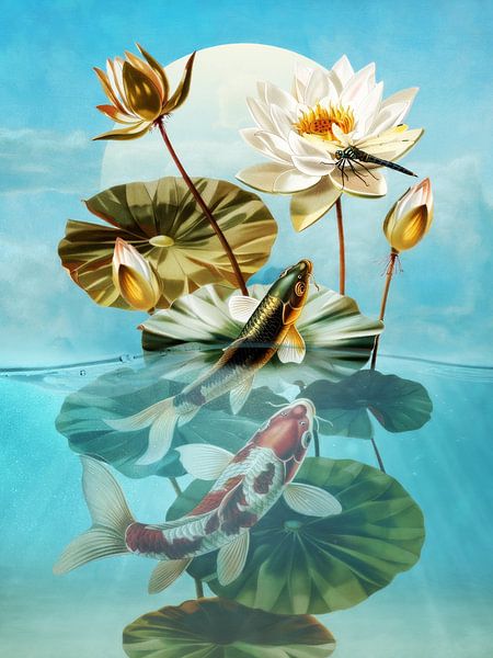 Koi Carp and Dragonfly by Marja van den Hurk