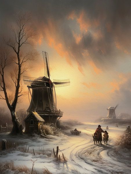 Peinture hollandaise d&#039;un paysage d&#039;hiver avec moulin à vent par Preet Lambon