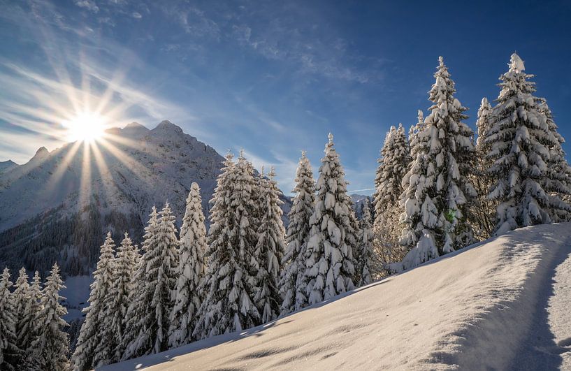 Morgenzon met verse sneeuw in Oostenrijkse bergen van Ralf van de Veerdonk