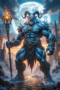 Dark Fantasy Wandbild: KORZAMIR – Der gehörnte Dämon nachts vor der Burg