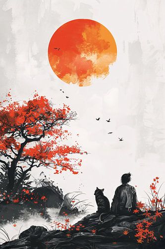 Samoerai en Kat in Herfstlandschap