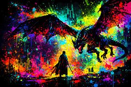 Epischer Drachenkampf im Neon-Splash-Stil – Abstraktes Fantasy-Wandbild mit Ritter-Silhouette von ButterflyPix