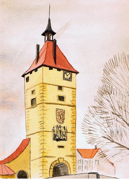 Uitkijktoren - klokkentoren - aquarel geschilderd door VK (Veit Kessler) van ADLER & Co / Caj Kessler