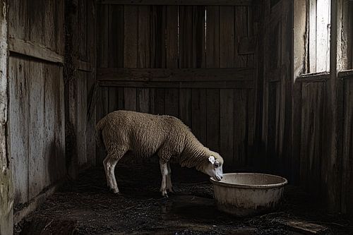 Mouton solitaire dans une vieille grange