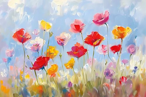 Kleurrijk abstract bloemenveld schilderij