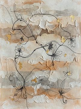 Wabi-Sabi kunst: Abstracte Flora met Gouden Accent