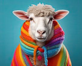 Woolly Warmth: Portrait of Sheep with rainbow scarf