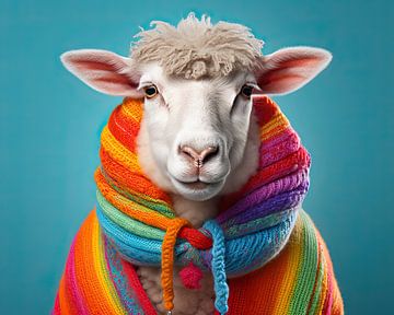 Woolly Warmth: Portrait of Sheep with rainbow scarf by Vlindertuin Art