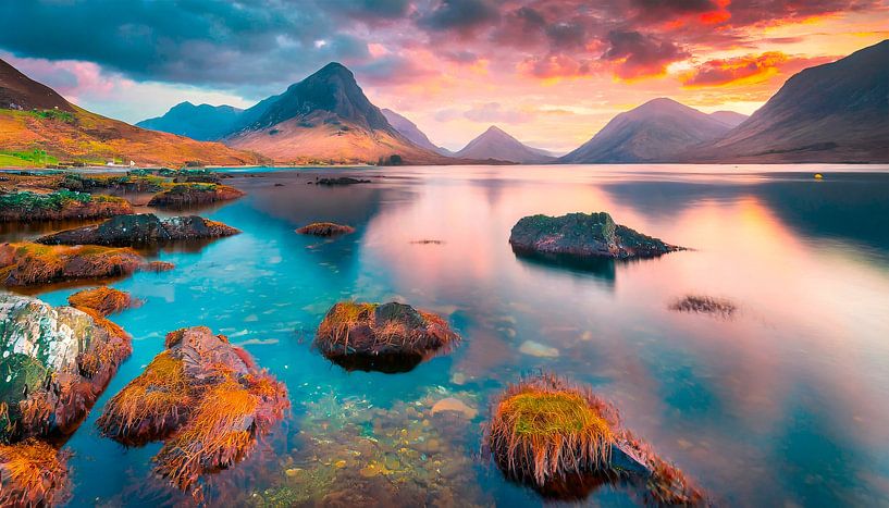 Lake with mountains and sunset by Mustafa Kurnaz