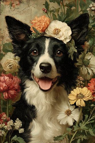 Border Collie met bloemenkrans in de tuin