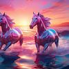 chevaux surréalistes dans l'eau au coucher du soleil sur Jörg B. Schubert