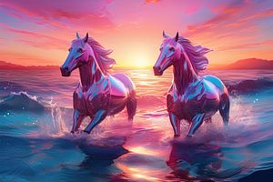 chevaux surréalistes dans l'eau au coucher du soleil