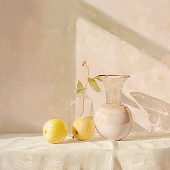 Stilleven met plant, fruit en vaas in roze pastel schilderij