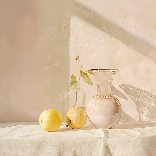 Stilleven met plant, fruit en vaas in roze pastel schilderij