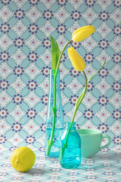 Still Life 'Yellow Tulips and Blue Glass' by Willy Sengers