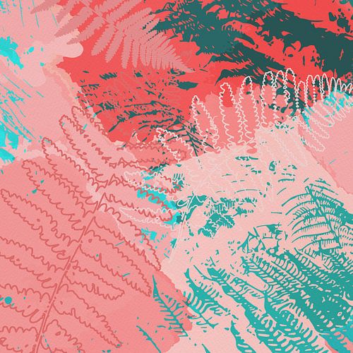 Abstrait botanique en rose pastel, vert et rouge. Feuilles de fougère.