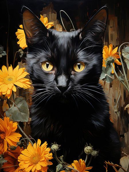 Black Cat and Flowers inspired by Vincent van Gogh by Erika Kaisersot