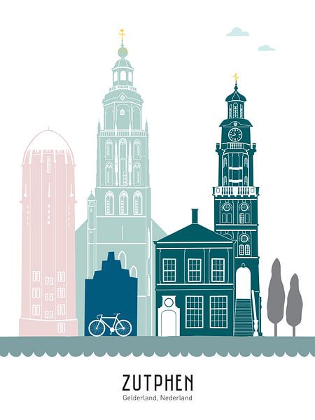 Skyline-Illustration der Stadt Zutphen in Farbe von Mevrouw Emmer