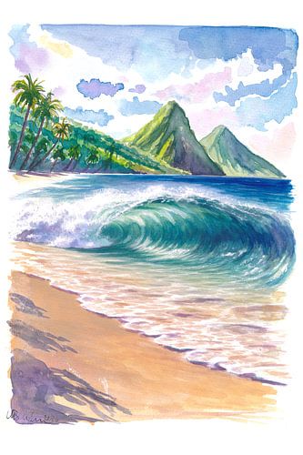 Painting “St. Lucia Beach Wave” – art print “Sunset over the Pitons”, wall art with a Caribbean theme, travel gift