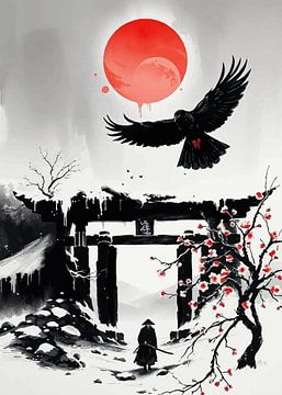 Samouraï japonais - Paysage Sumi-e à l'atmosphère poétique