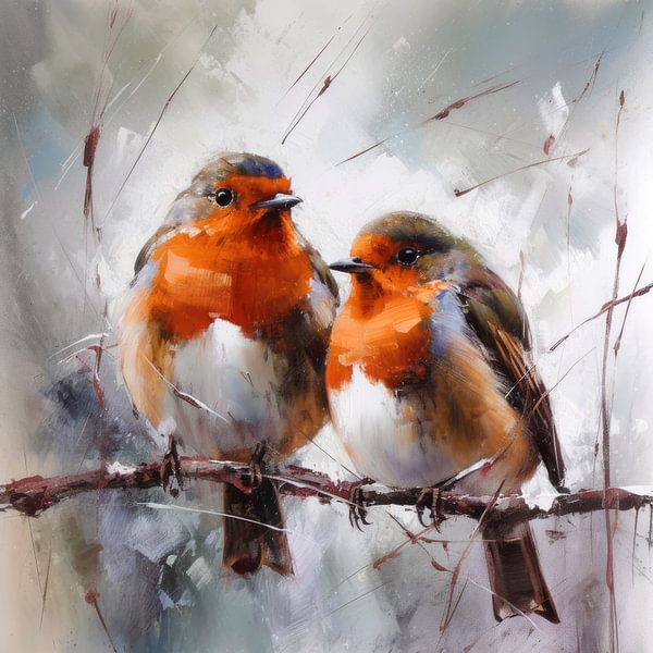 Roodborstjes Schilderij van Preet Lambon