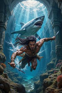 Dark Fantasy Wandbild: ZAROKTH - Der Krieger flüchtet vor einem großen Hai