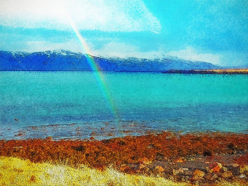 Regenboog op Viðey, IJsland van Frans Blok