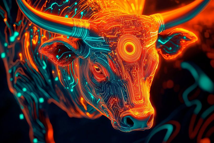 Futuristischer starker Bulle – Neonfarben von Poster Art Shop